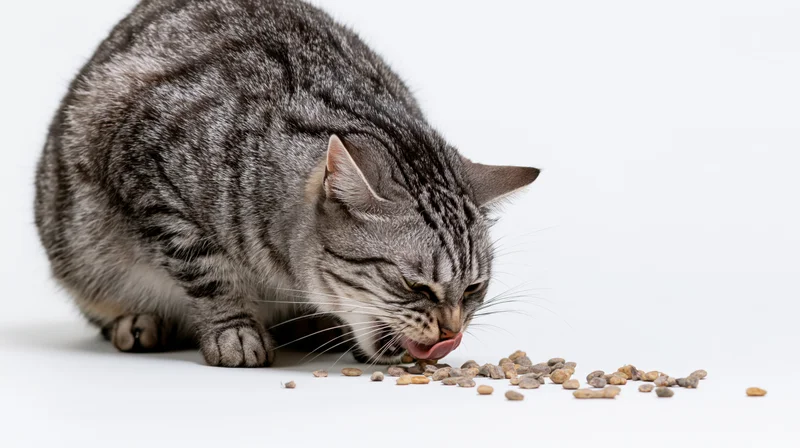Silver tabby cat crouching low and eating dry kibble on white surface