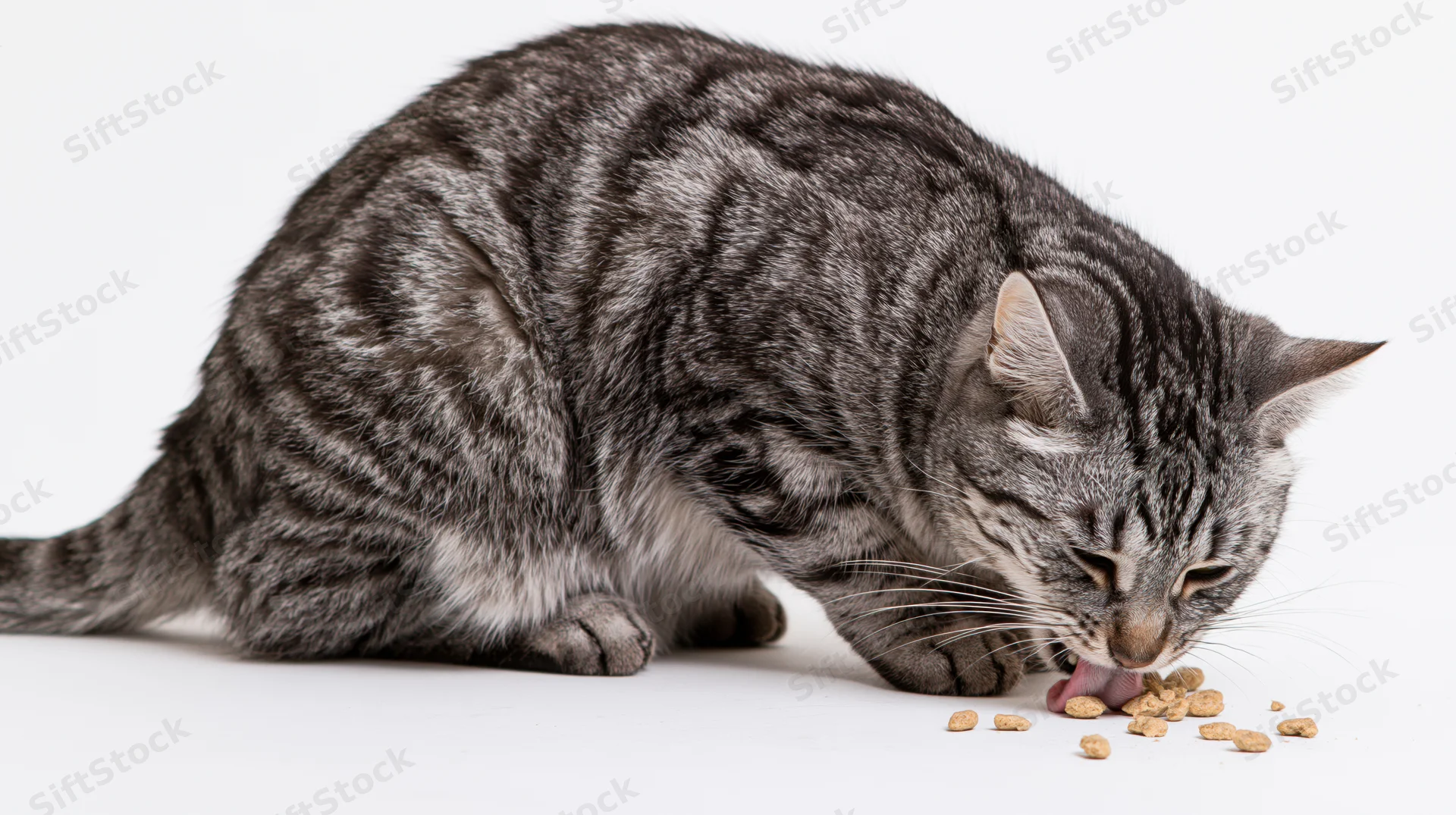 Silver tabby cat eating dry kibble on white surface