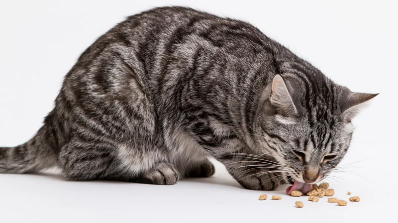 Silver tabby cat eating dry kibble on white surface