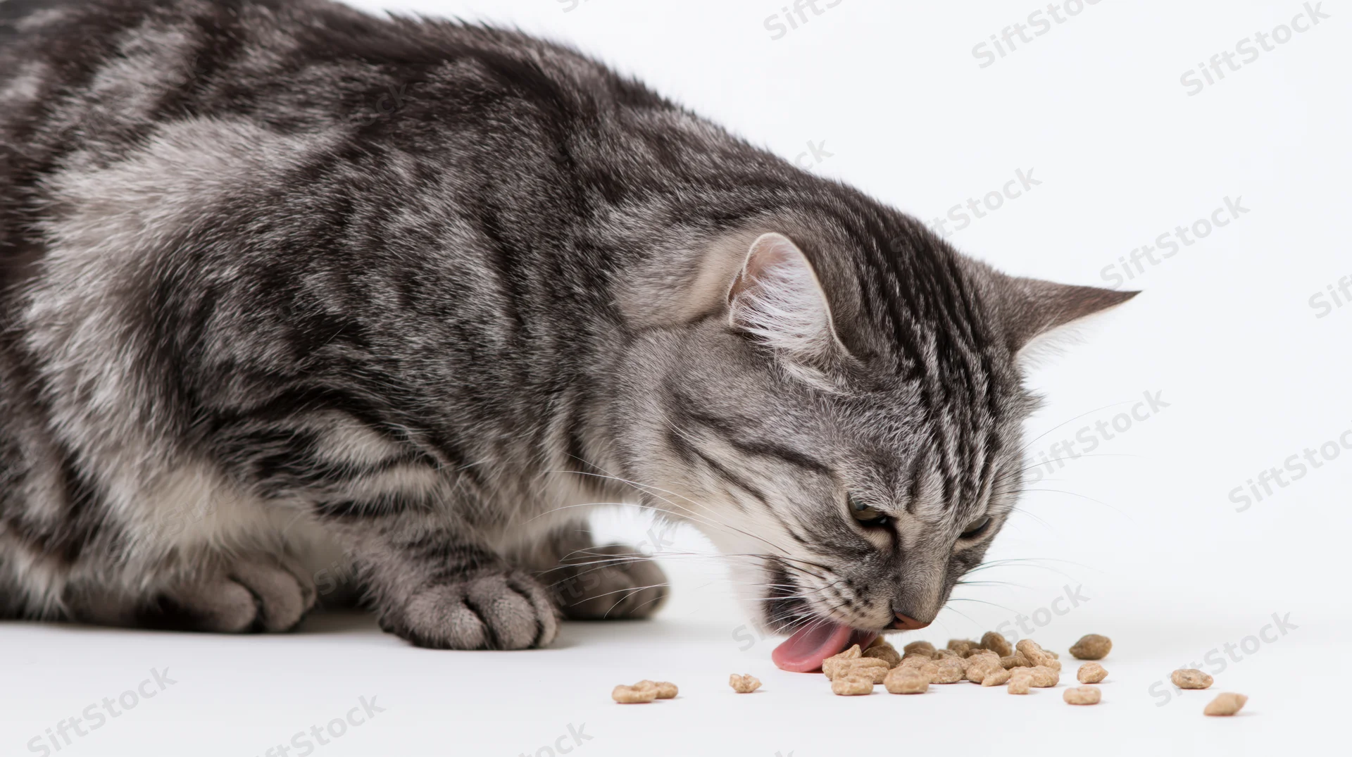 Silver tabby cat eating kibble on white surface