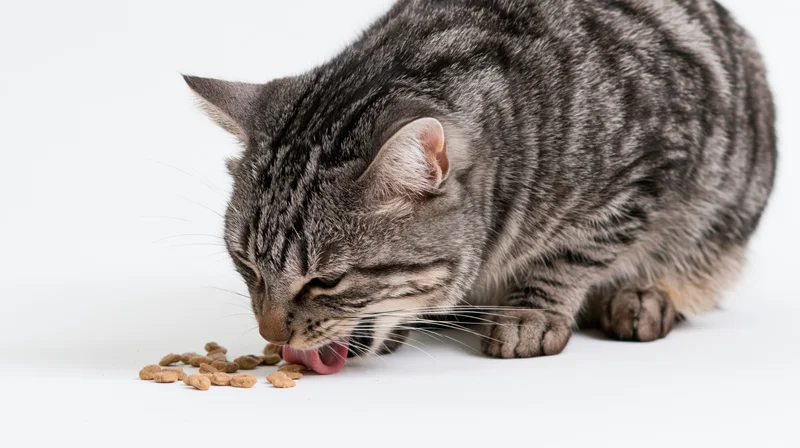 Silver tabby cat eating dry kibble on white surface