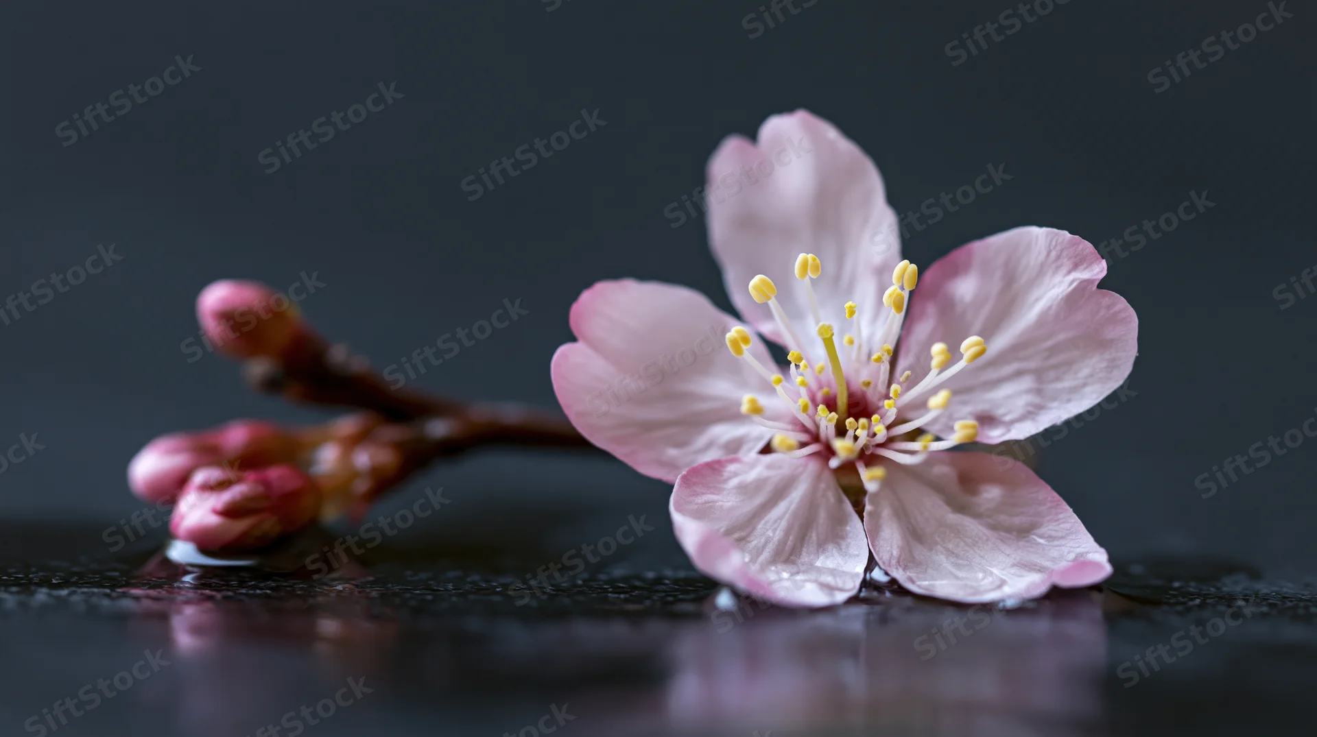 Cherry blossom with yellow stamens resting on dark wet surface, buds on branch nearby