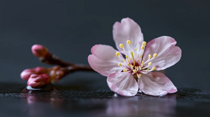 Cherry blossom with yellow stamens resting on dark wet surface, buds on branch nearby