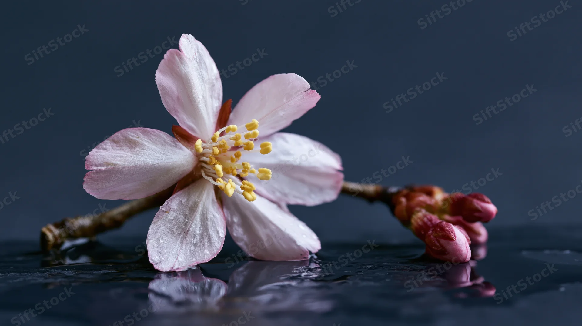 Cherry blossom with yellow stamens resting on dark wet surface, reflecting in water