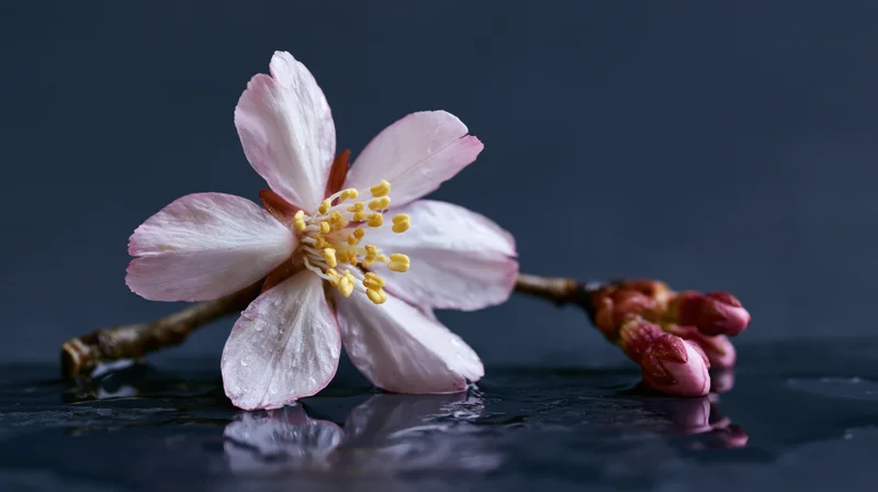 Cherry blossom with yellow stamens resting on dark wet surface, reflecting in water