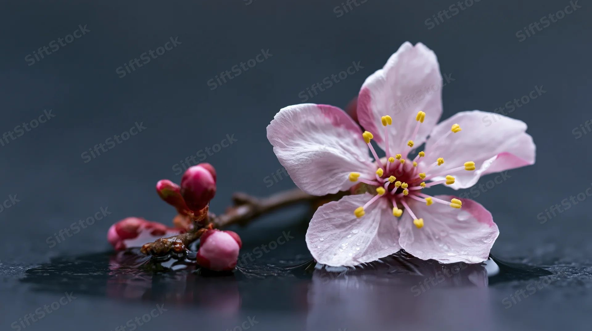 Cherry blossom with yellow stamens and pink petals resting on dark wet surface with reflection
