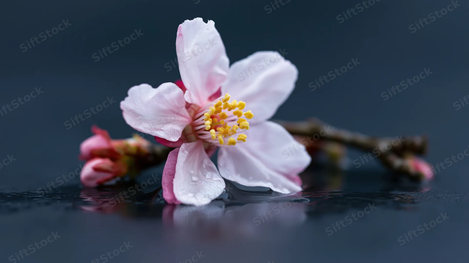 Cherry blossom with yellow stamens resting on dark wet surface, reflecting in water