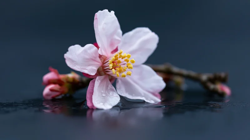 Cherry blossom with yellow stamens resting on dark wet surface, reflecting in water