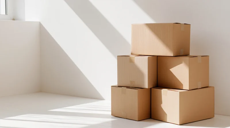 Six sealed cardboard boxes stacked in pyramid formation in bright white room corner