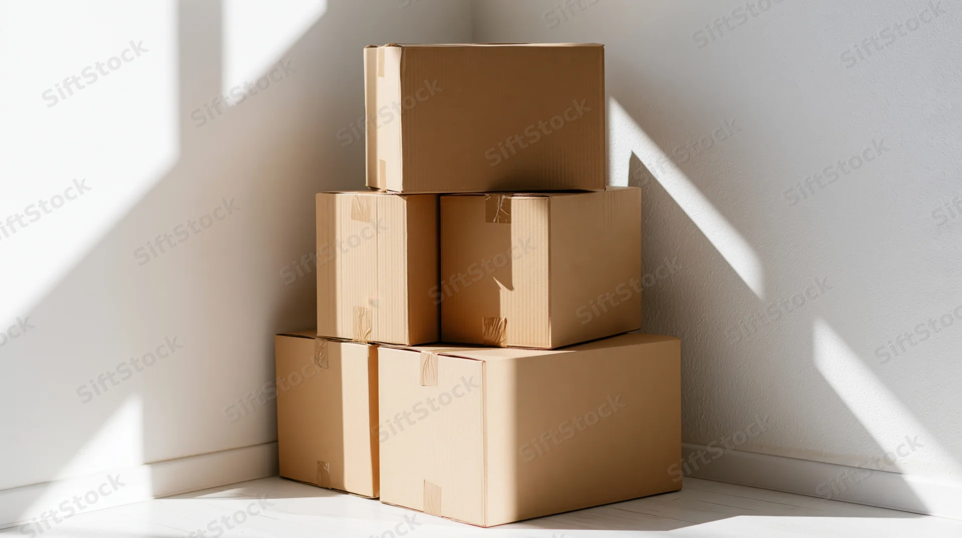 Six sealed cardboard shipping boxes stacked in a pyramid arrangement in a white room corner with sunlight and shadows