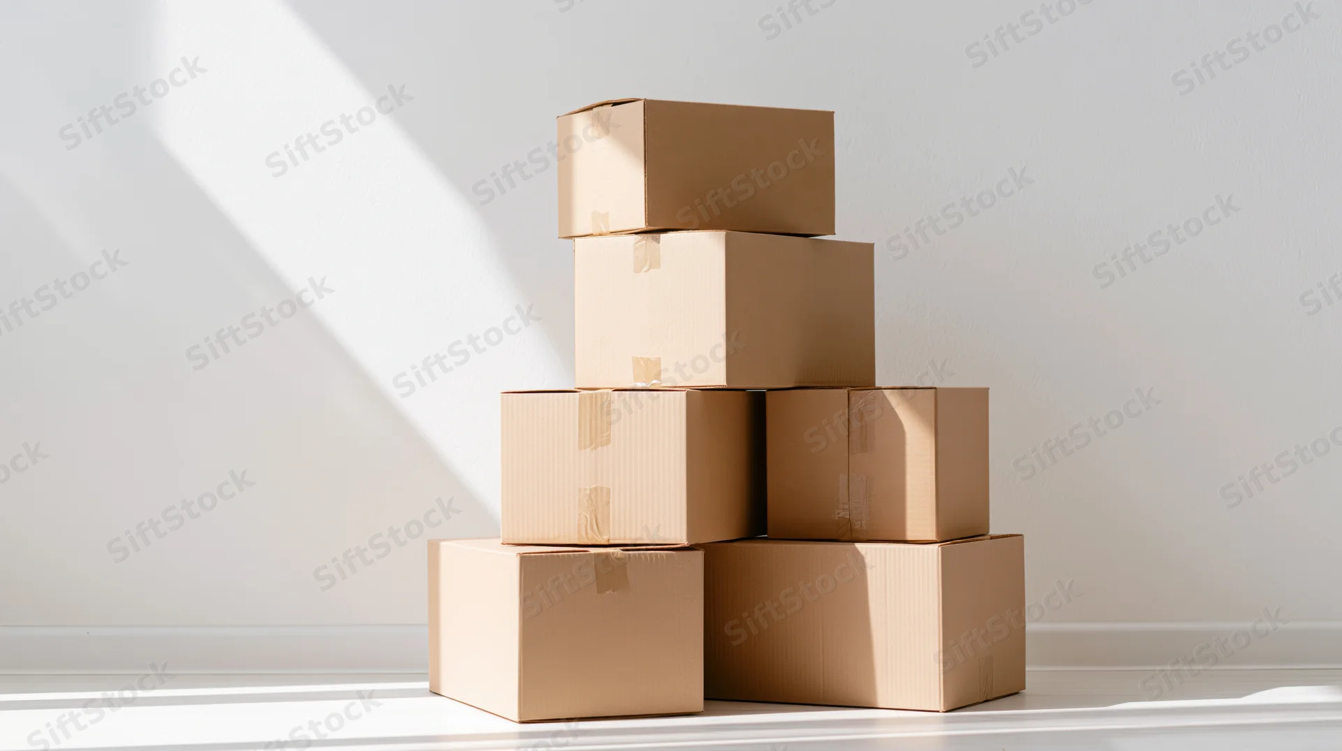 Pyramid stack of sealed cardboard shipping boxes on white floor against wall in sunlight