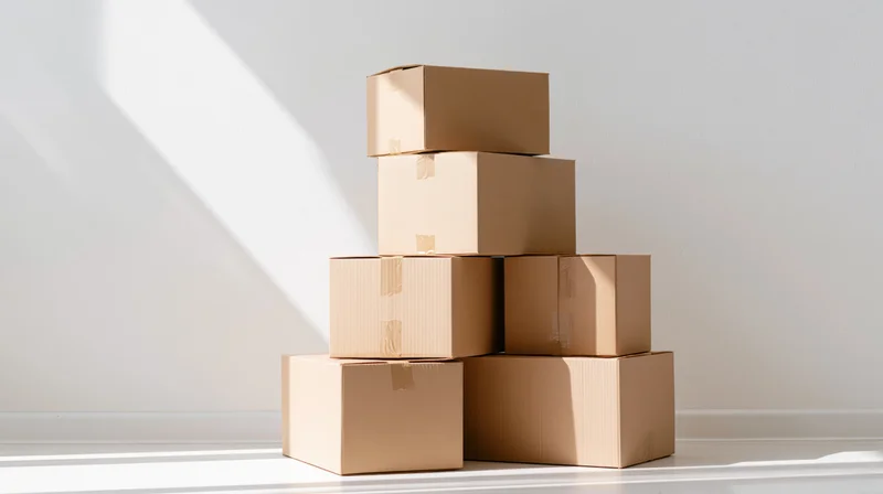 Pyramid stack of sealed cardboard shipping boxes on white floor against wall in sunlight