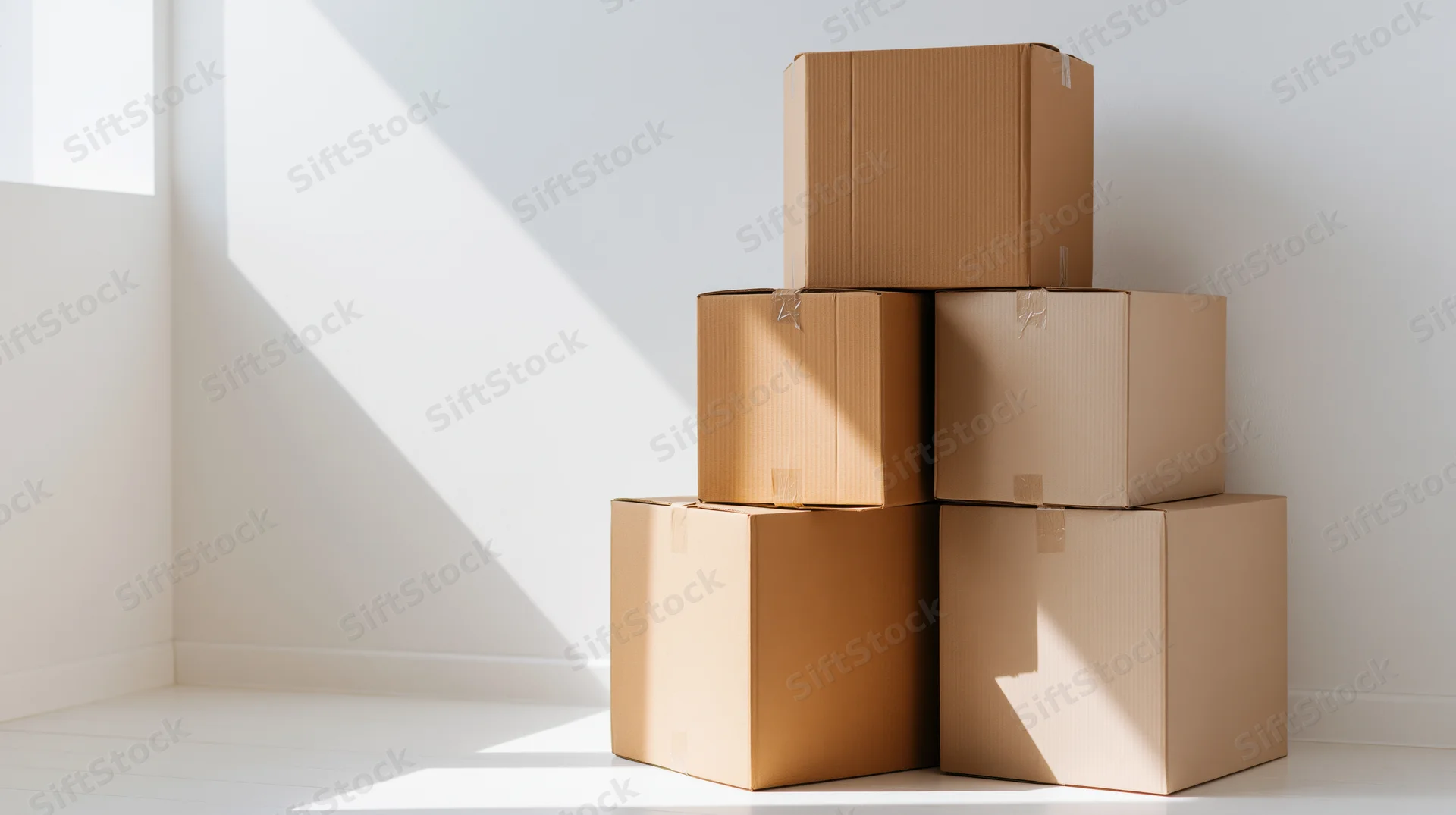 Six sealed cardboard shipping boxes stacked in a pyramid formation in a bright white room corner