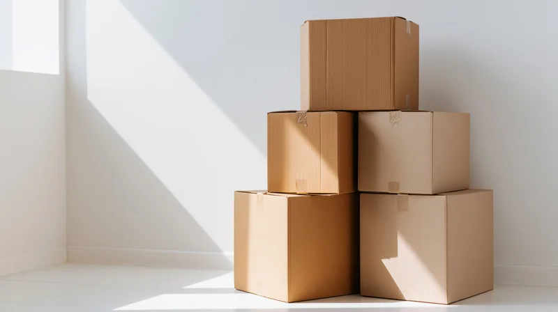 Six sealed cardboard shipping boxes stacked in a pyramid formation in a bright white room corner