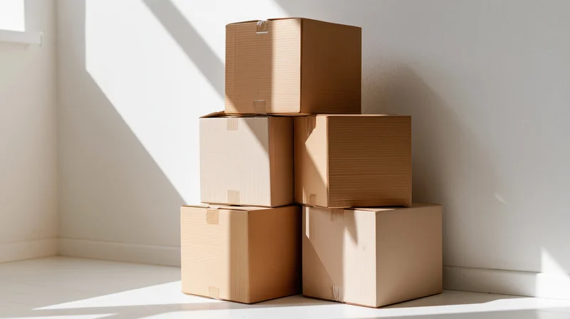 Six sealed cardboard boxes stacked in a pyramid formation in a bright corner of a white room