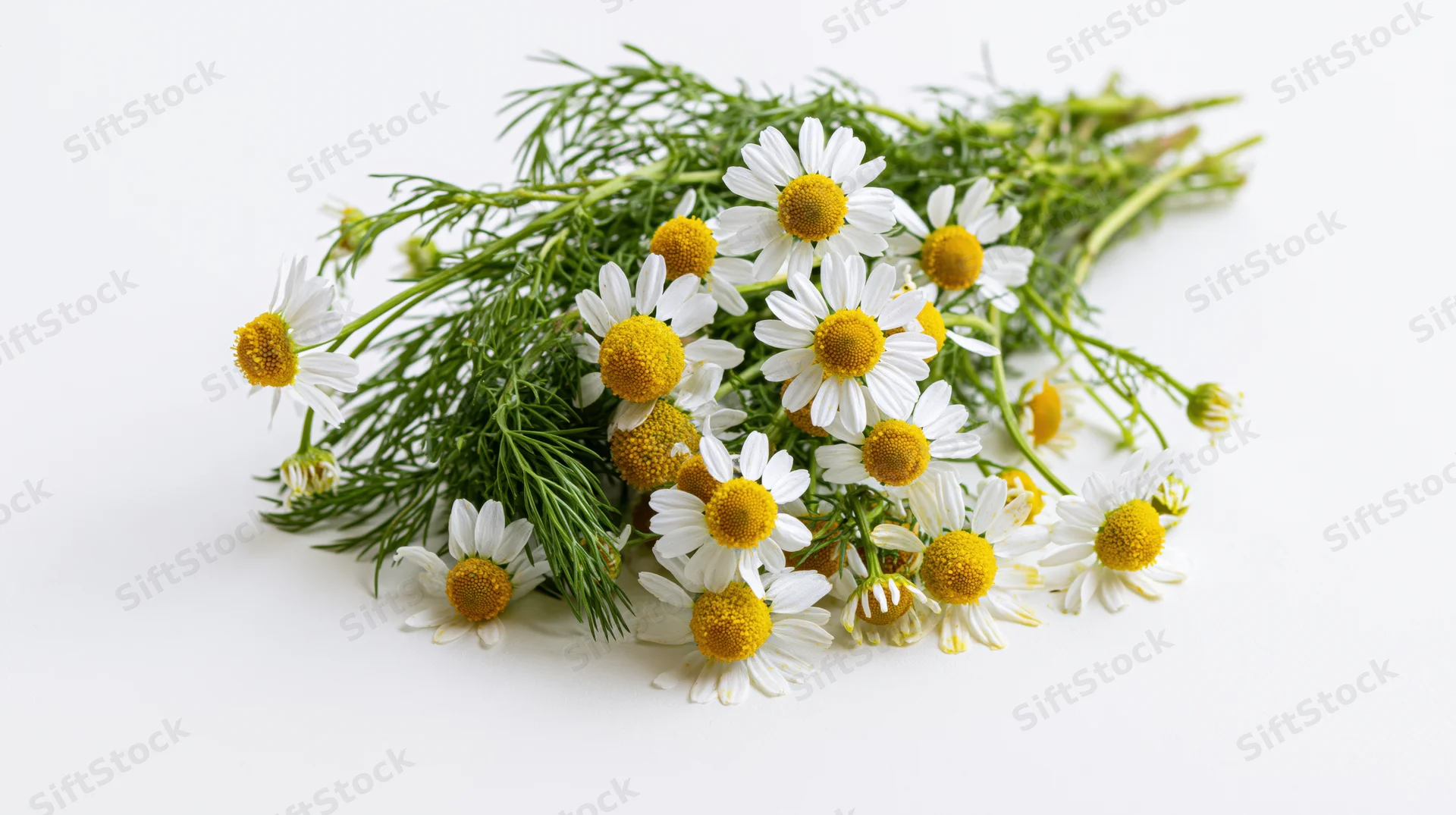 Small bunch of wild chamomile flowers with feathery green stems on white background
