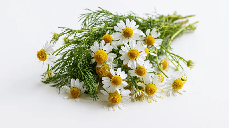 Small bunch of wild chamomile flowers with feathery green stems on white background