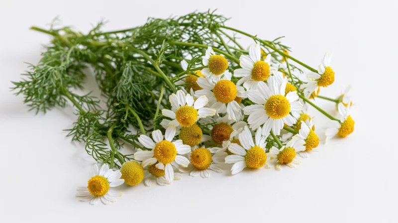 Small bunch of wild chamomile flowers with feathery green stems on white background