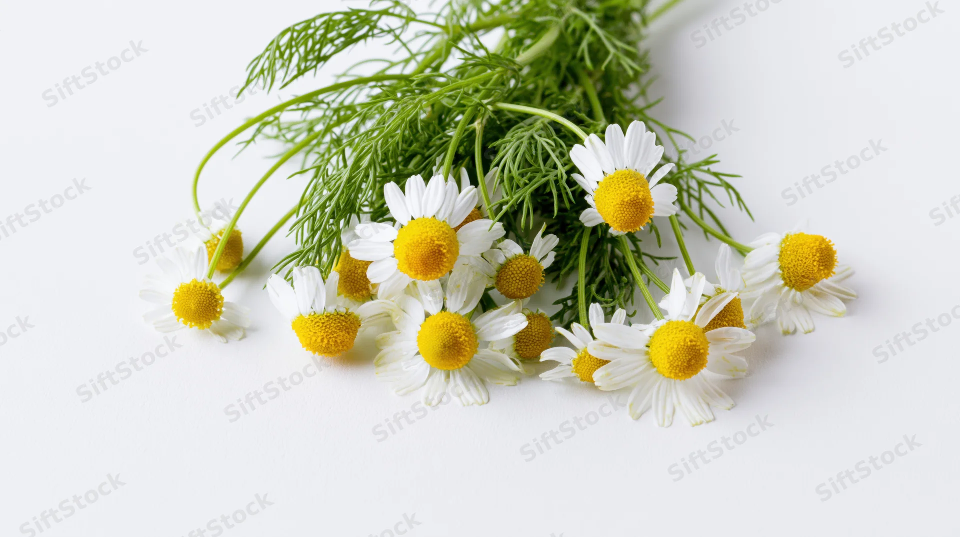 Small bunch of wild chamomile flowers with feathery green stems on white background