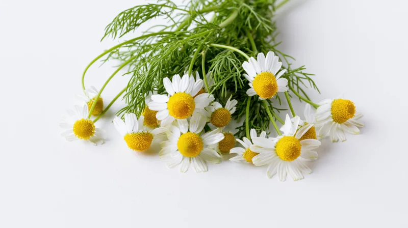 Small bunch of wild chamomile flowers with feathery green stems on white background