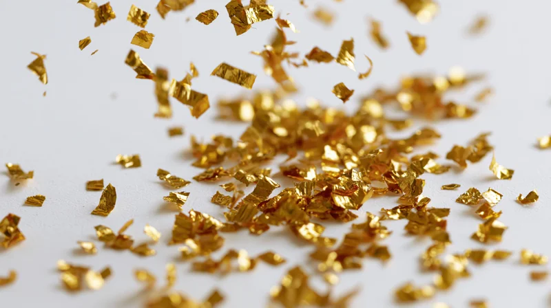 Gold metallic confetti pieces falling and tumbling midair on white surface
