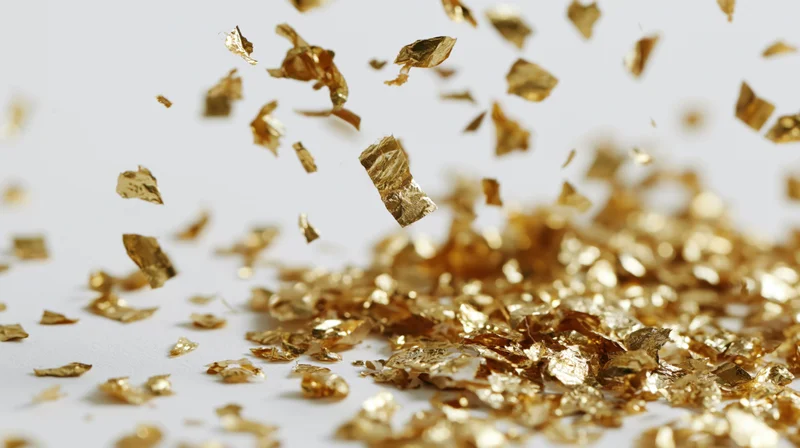 Gold metallic confetti pieces falling and tumbling midair over white surface