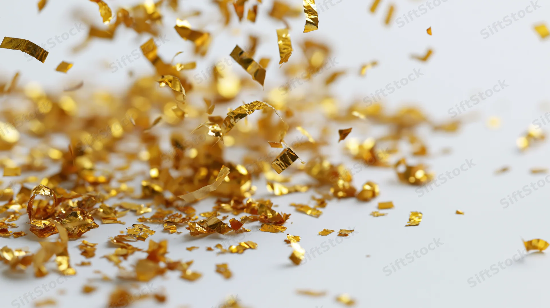 Gold metallic confetti pieces falling and tumbling mid-air on a white surface
