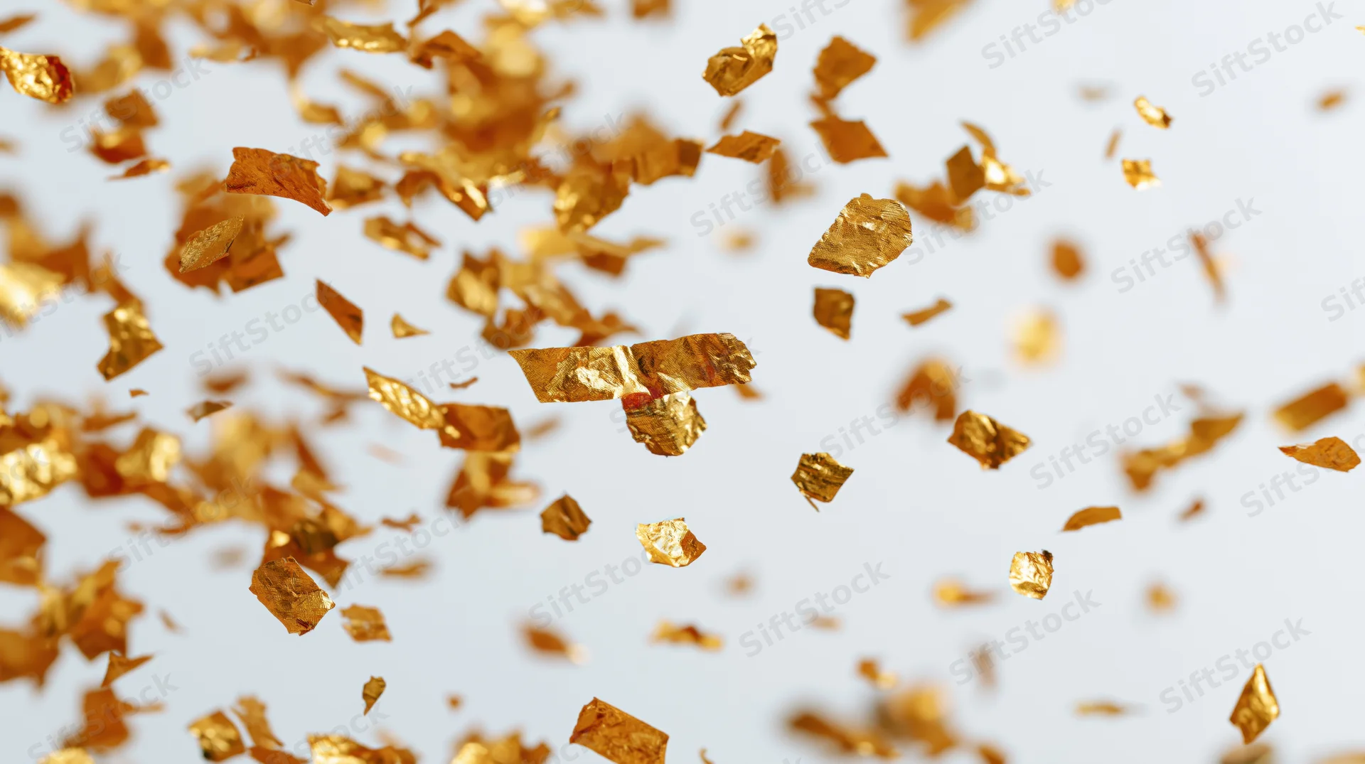 Gold metallic confetti pieces falling and tumbling mid-air against a light background