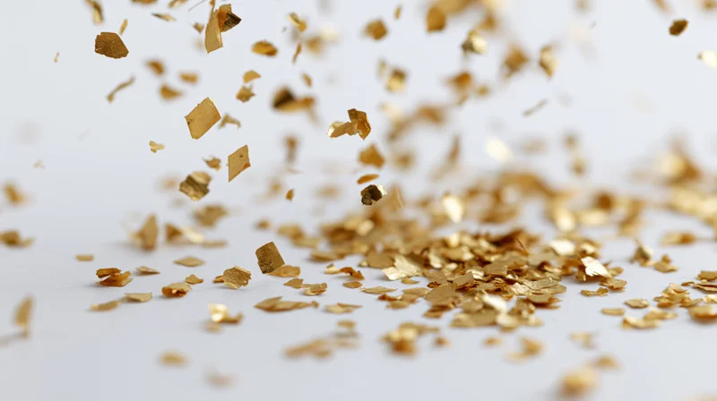 Gold metallic confetti pieces falling midair on a white surface