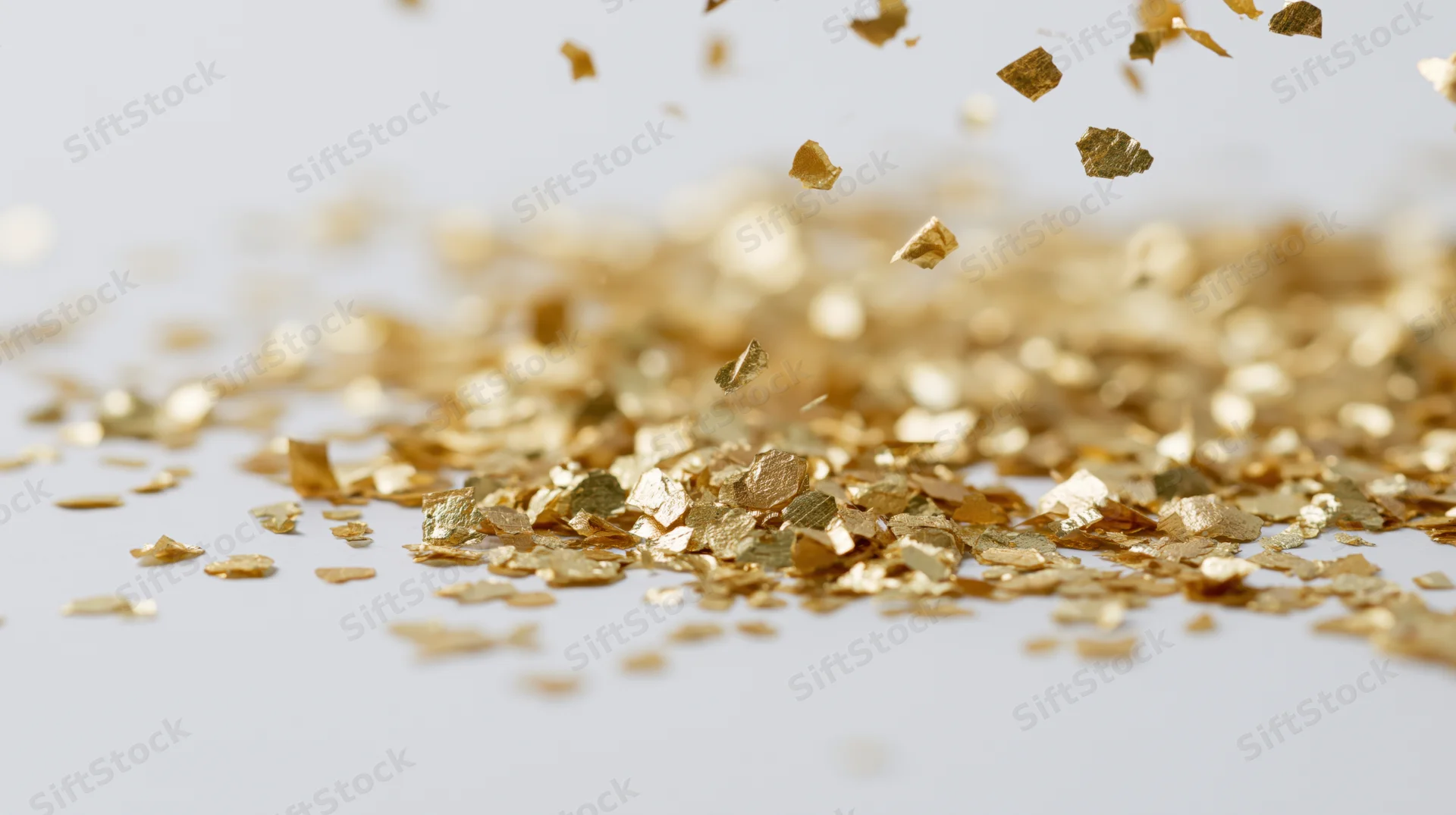 Gold metallic confetti pieces falling and tumbling midair over a white surface