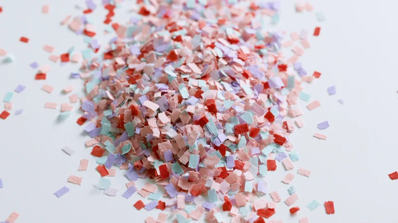 Multicolored paper confetti scattered in a pile on a white surface