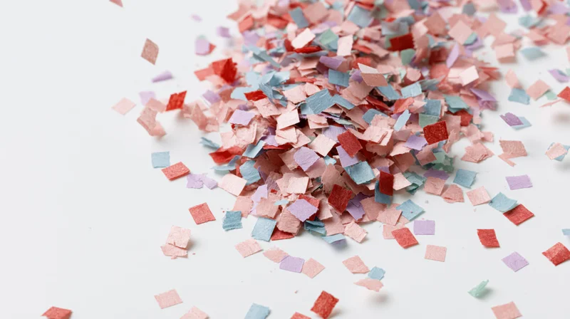Multicolored paper confetti pieces scattered mid-air on white background