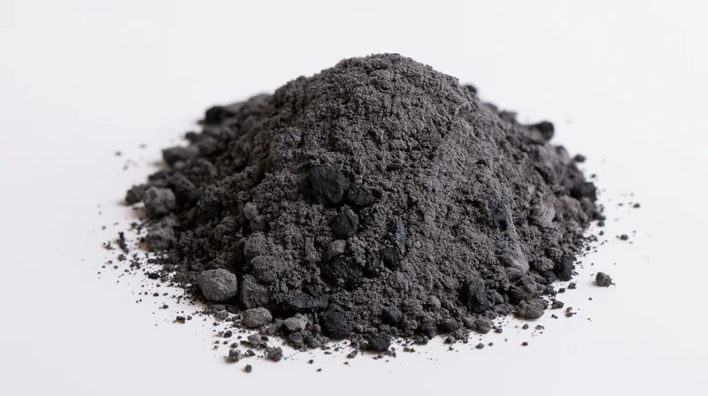 Pile of dark grey ash and charcoal dust on white surface
