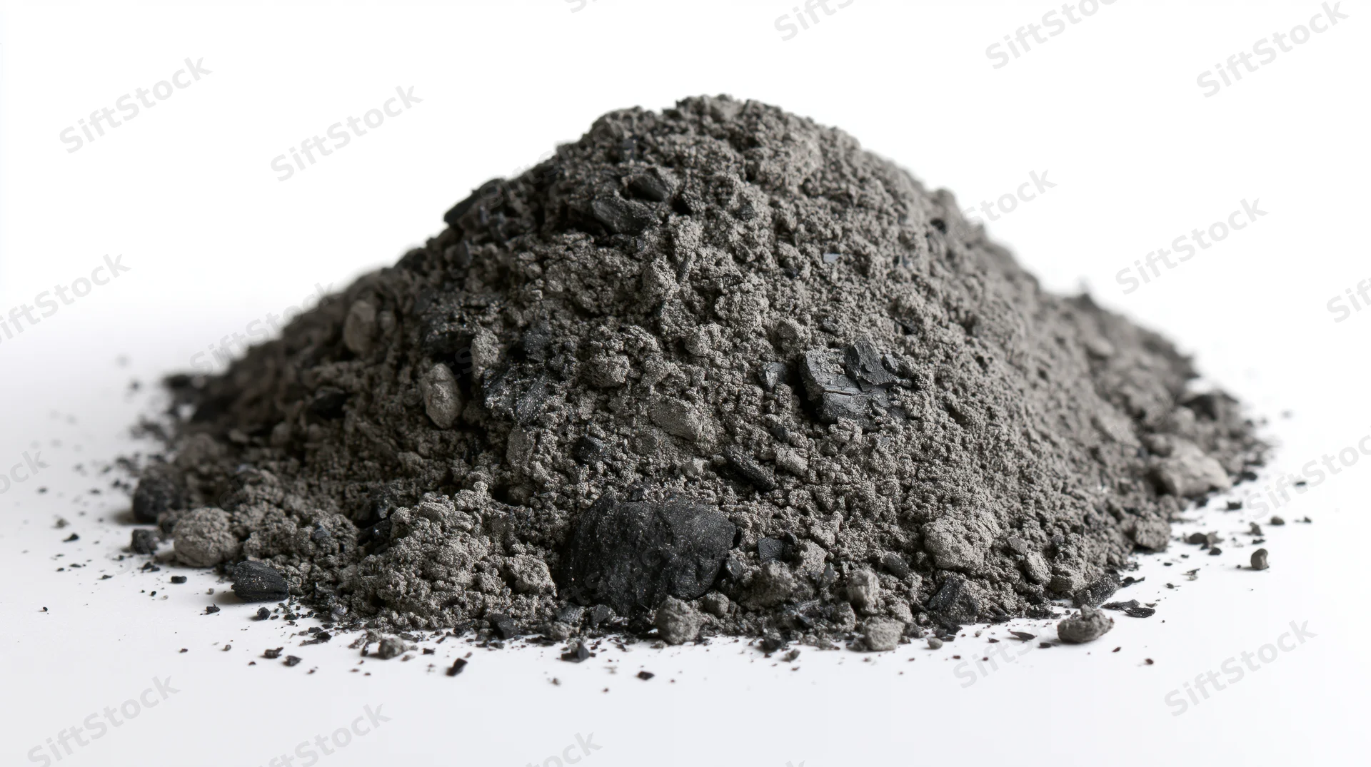 Small pile of dark grey ash and charcoal dust scattered loose on white surface