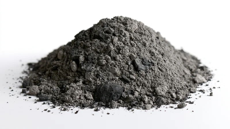 Small pile of dark grey ash and charcoal dust scattered loose on white surface