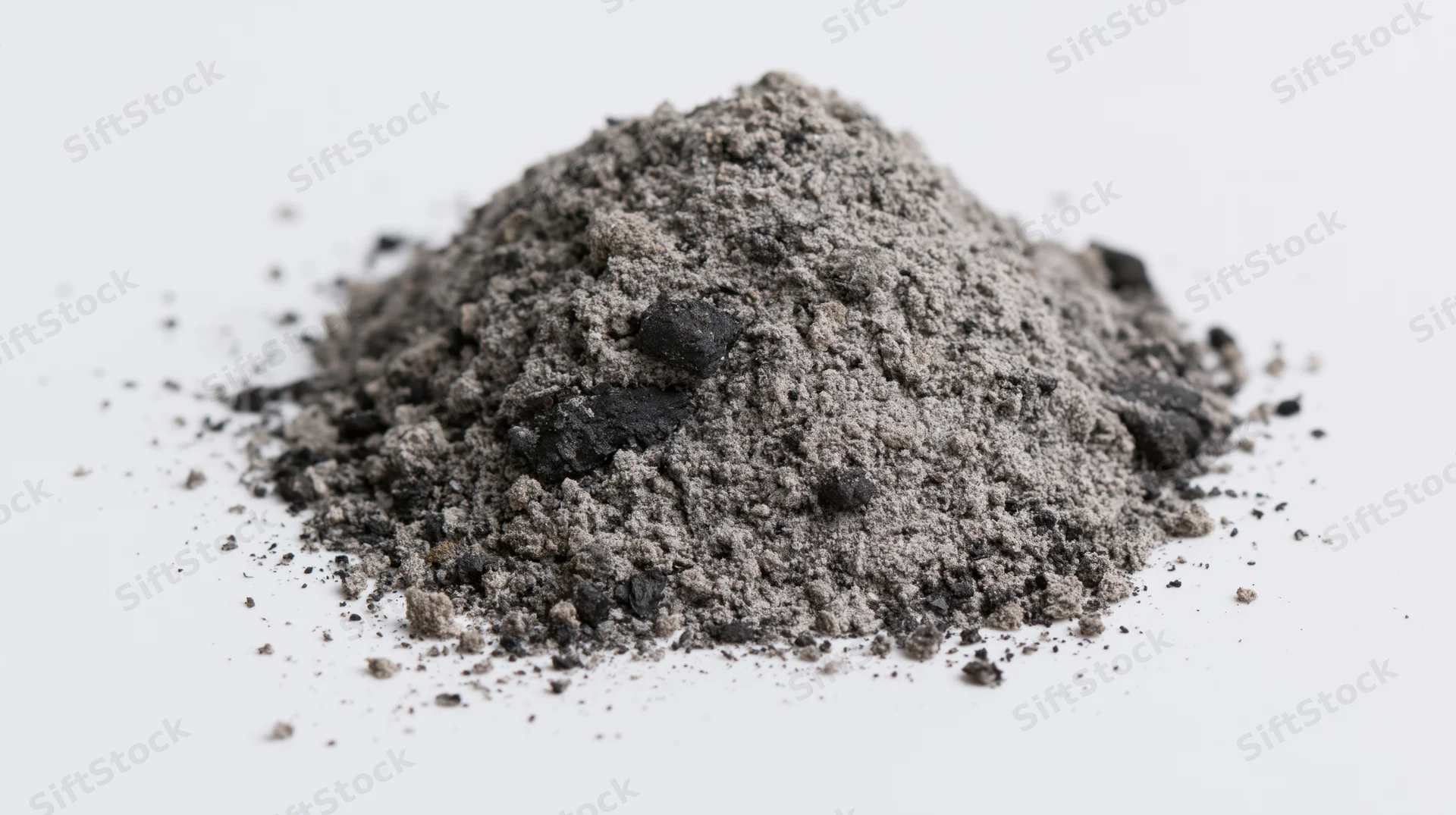 Small pile of dark gray ash and charcoal dust scattered on white surface