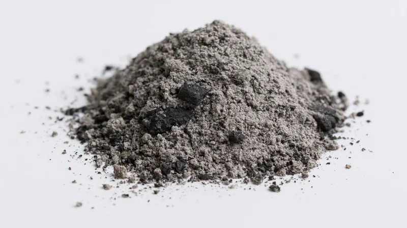 Small pile of dark gray ash and charcoal dust scattered on white surface