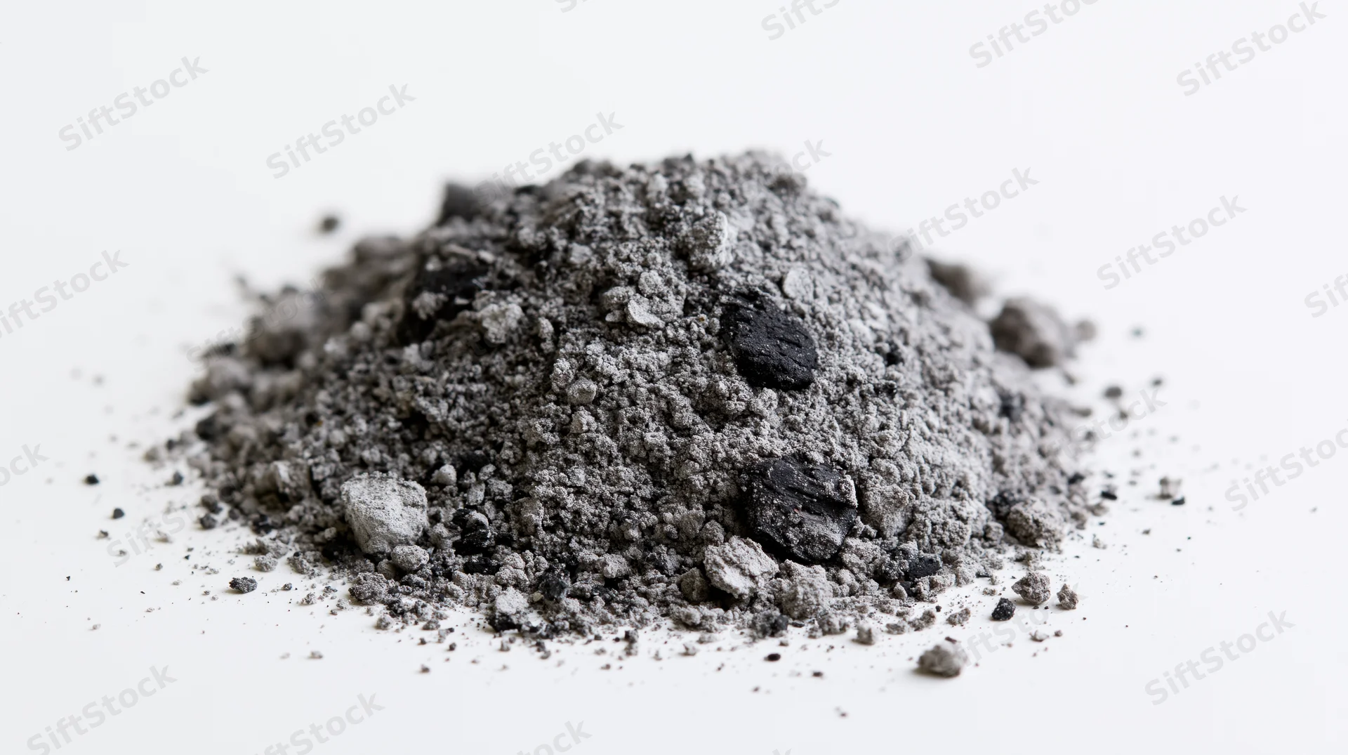 Small pile of dark gray ash and charcoal dust scattered on white surface