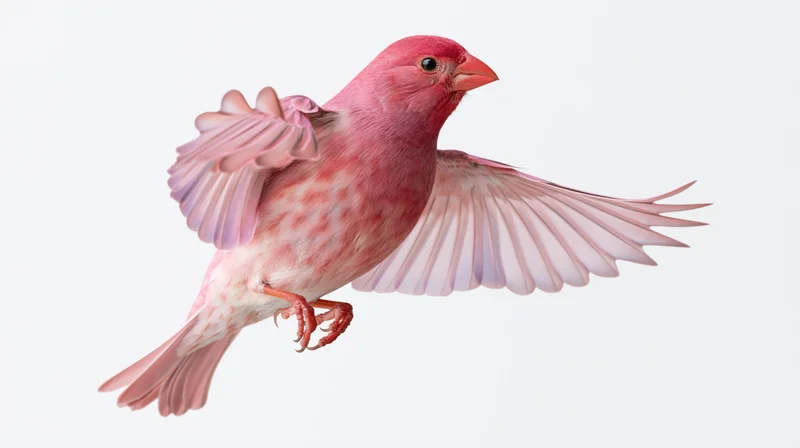 Pink songbird in mid-flight with wings spread against white background