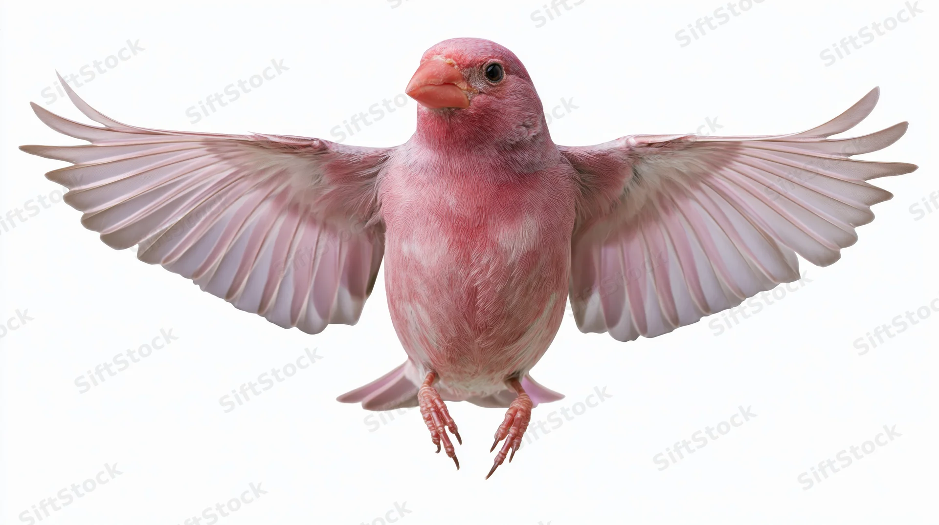 Pink songbird in mid-flight with wings fully spread against white background