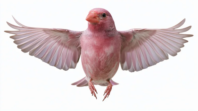 Pink songbird in mid-flight with wings fully spread against white background