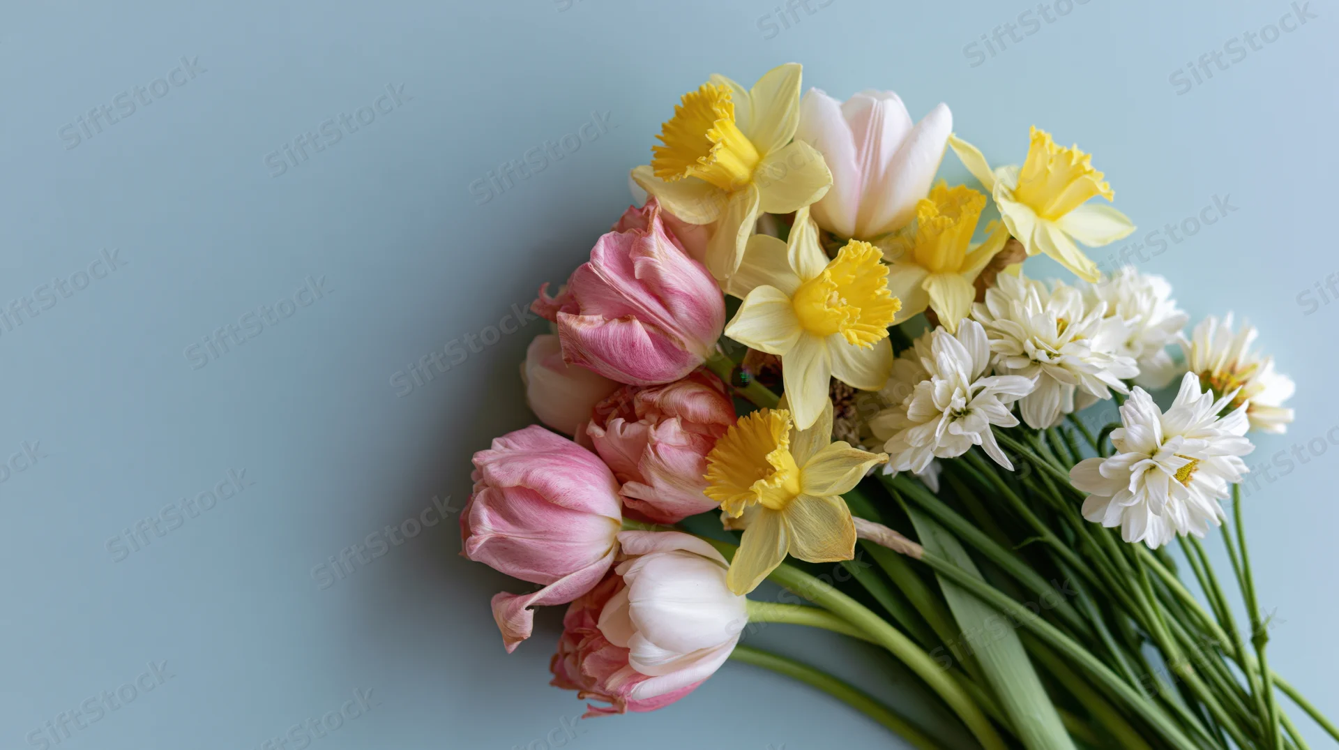 Spring bouquet of pink tulips, yellow daffodils and white chrysanthemums on a light blue background