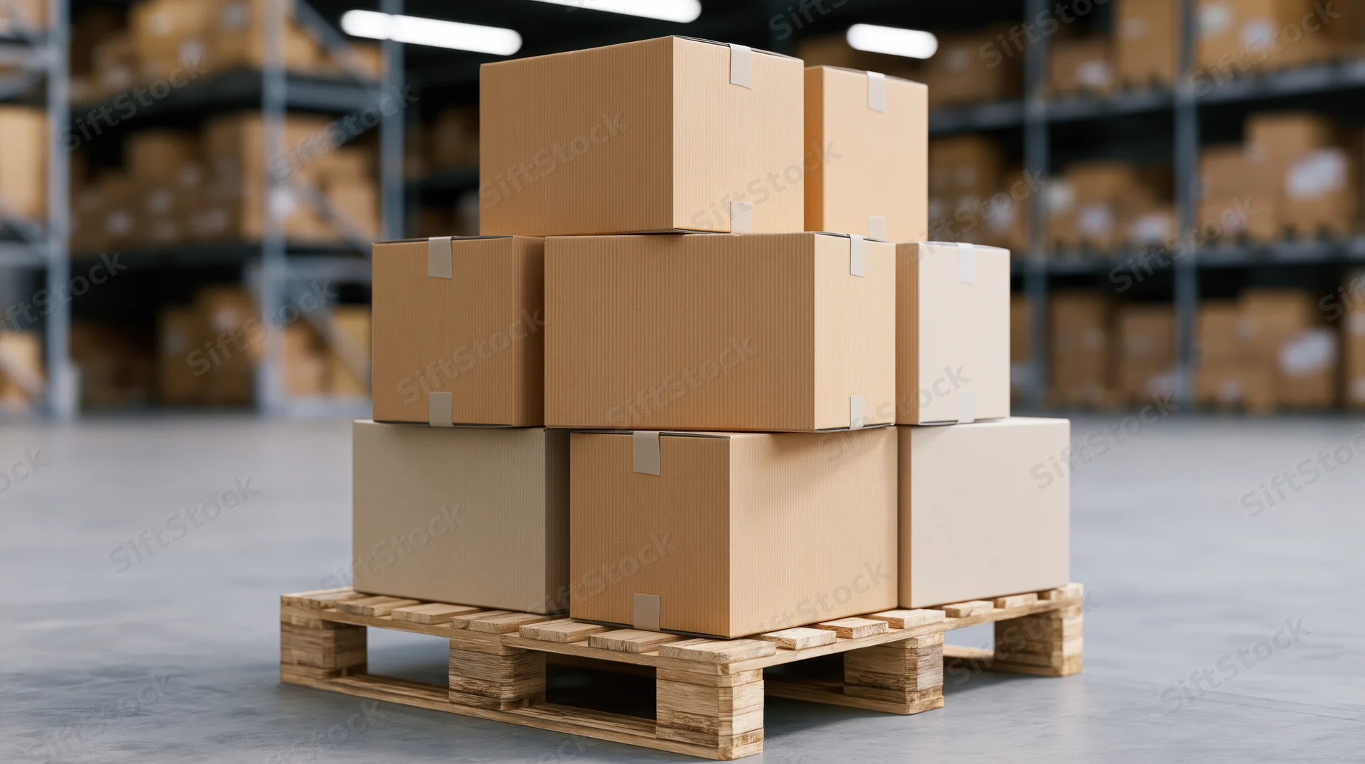 Stack of brown cardboard boxes piled on a wooden shipping pallet in a warehouse