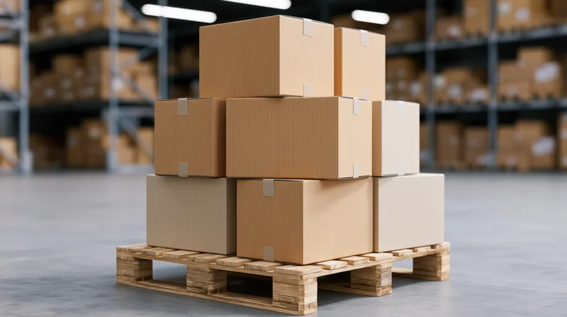 Stack of brown cardboard boxes piled on a wooden shipping pallet in a warehouse