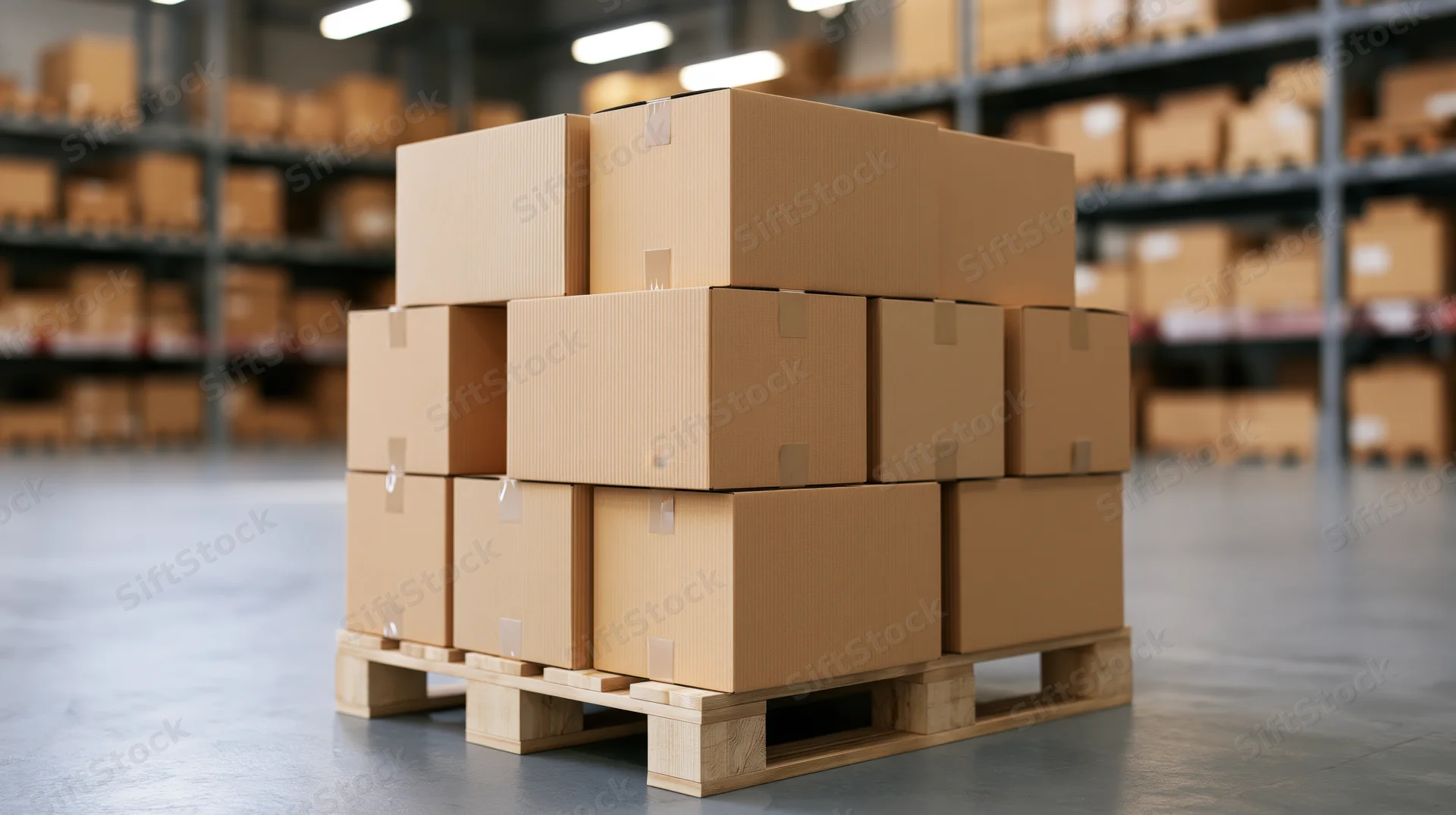 Stack of brown cardboard boxes on wooden pallet in warehouse storage area