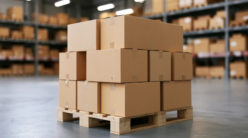 Stack of brown cardboard boxes on wooden pallet in warehouse storage area
