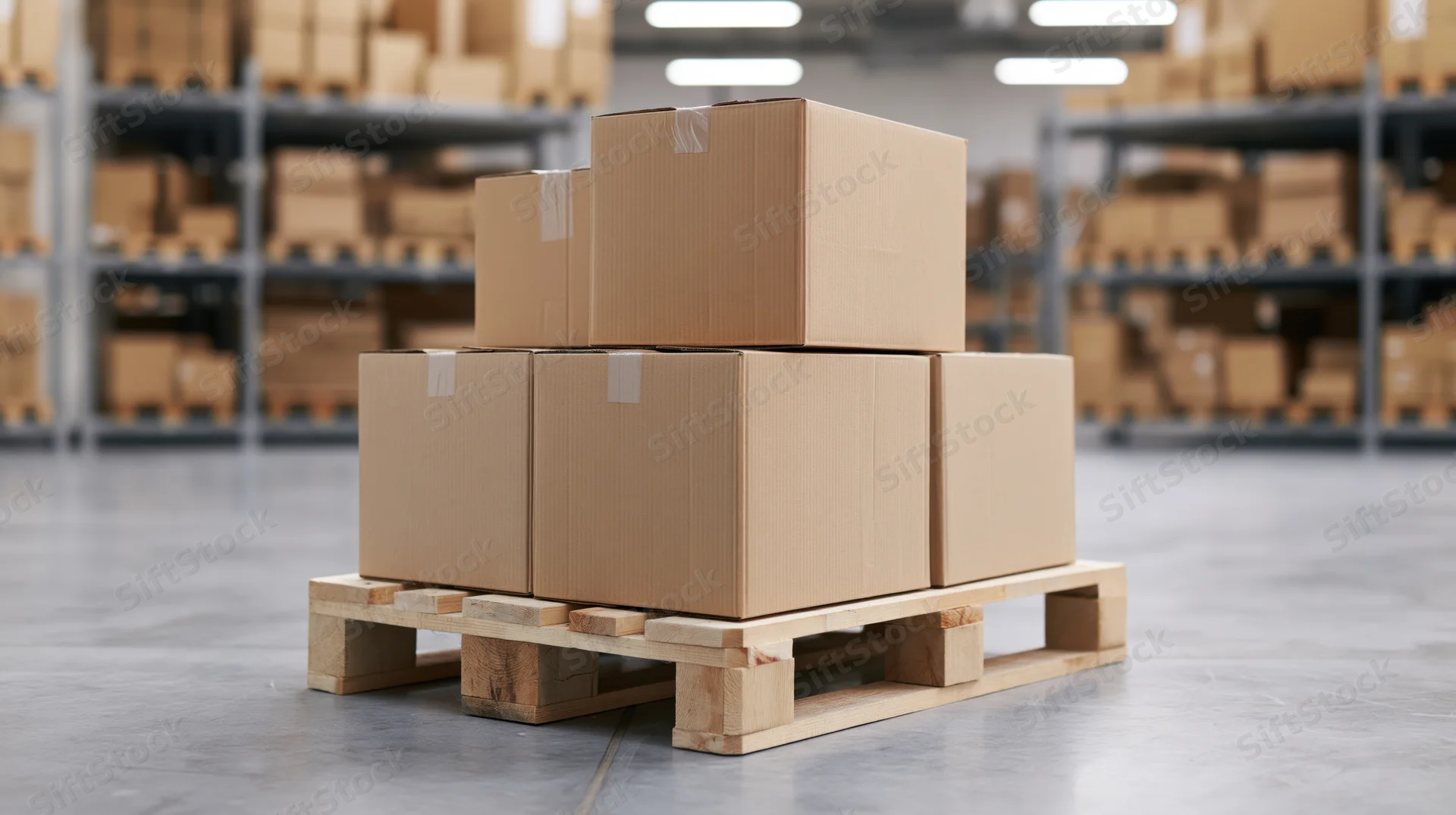 Stack of brown cardboard boxes on wooden pallet in warehouse