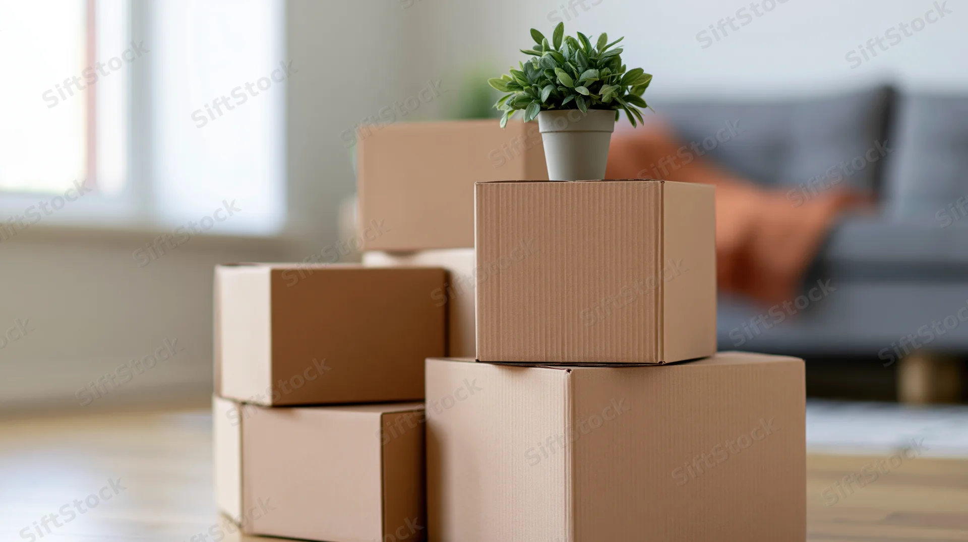 Stack of brown cardboard moving boxes piled on hardwood floor in living room with plant on top