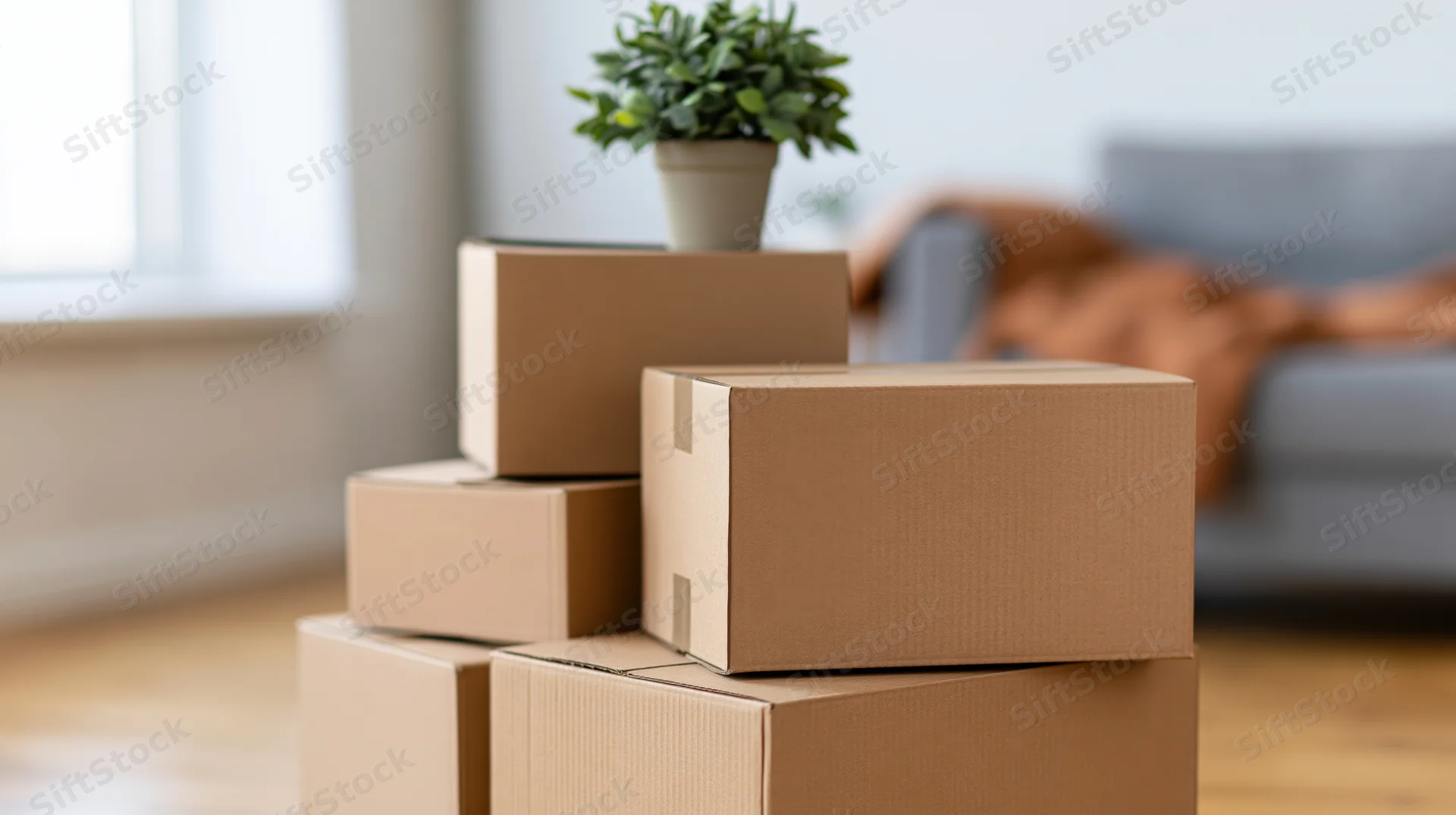 Stack of brown cardboard moving boxes piled on hardwood floor in living room with plant and couch in background