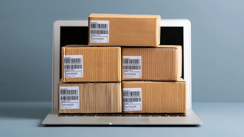 Stack of cardboard shipping boxes on open laptop keyboard